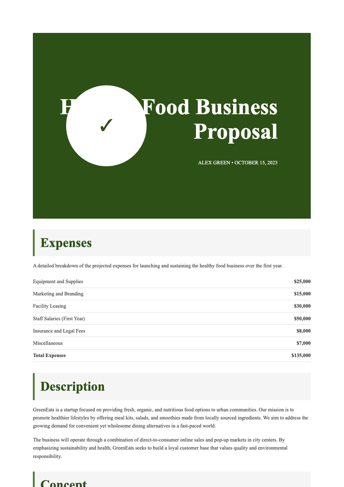 Healthy food business proposal with green header and expense breakdown_variant_3